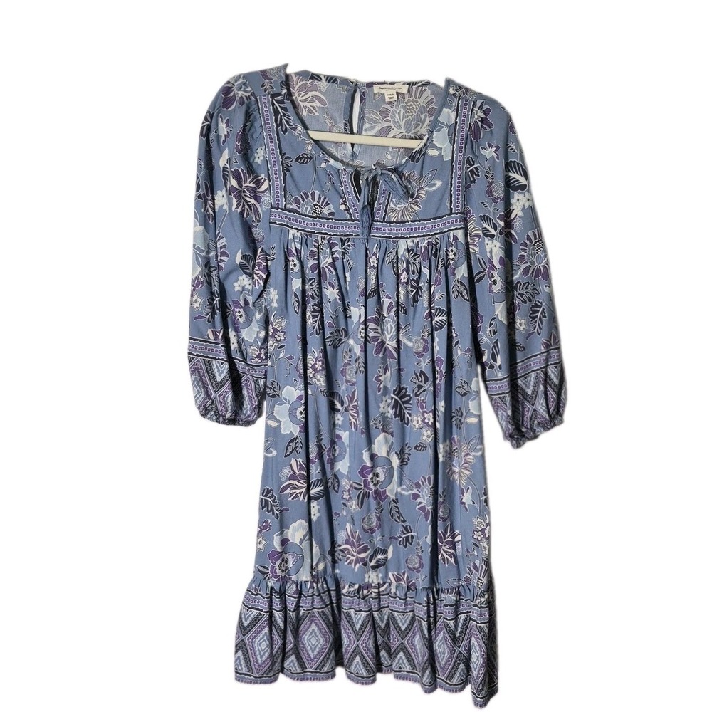 Beach Lunch Lounge Soft Blue Purple Peasant Dress Tassels Sz Small Rayon Cotton